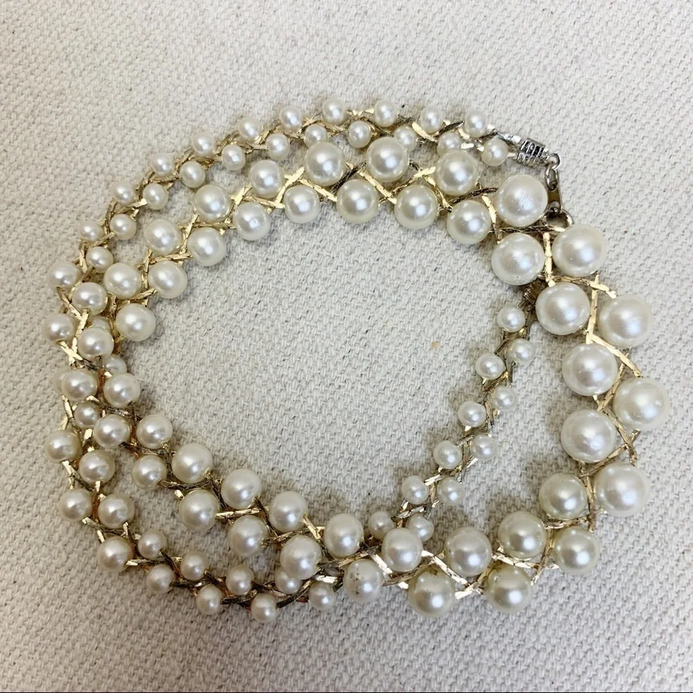 Gold Tone Chain Braided Faux White Pearl Necklace.